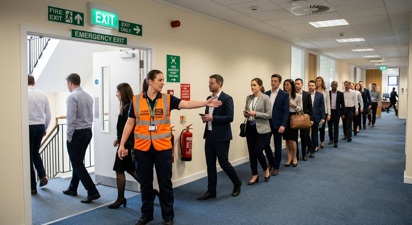 Building occupants evacuating through an exit during a fire drill with a floor warden
