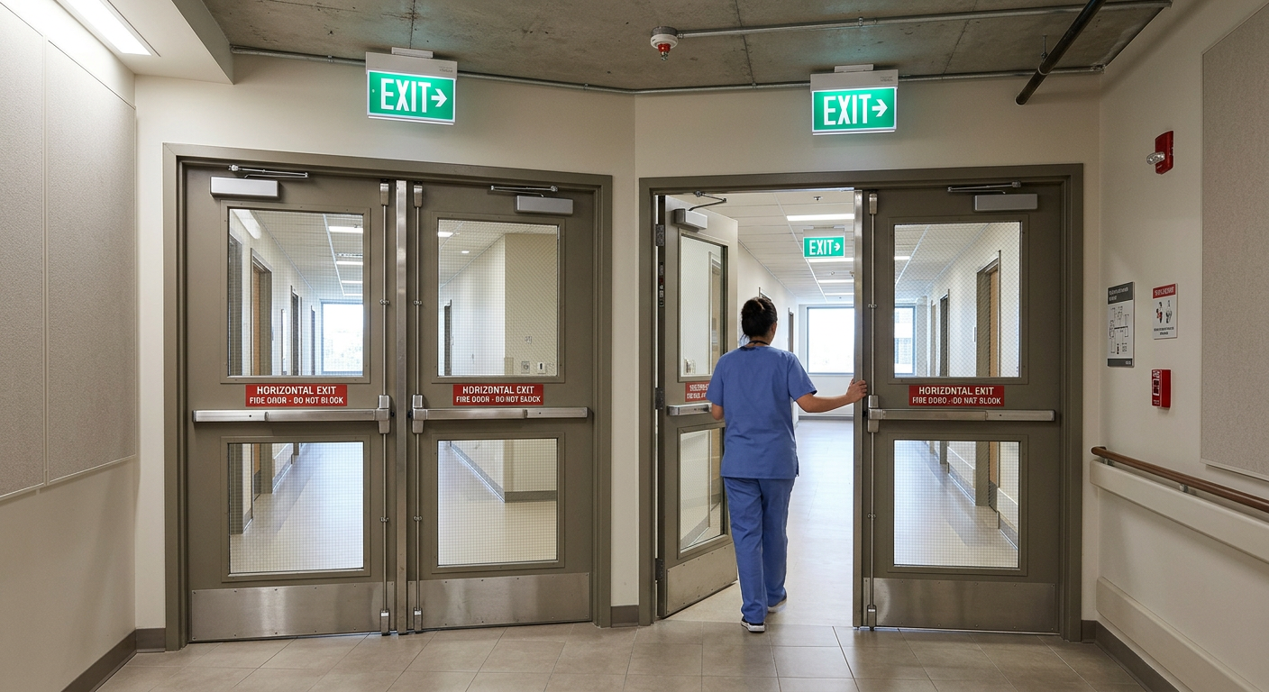 Cross-corridor fire doors serving as a horizontal exit with exit signs