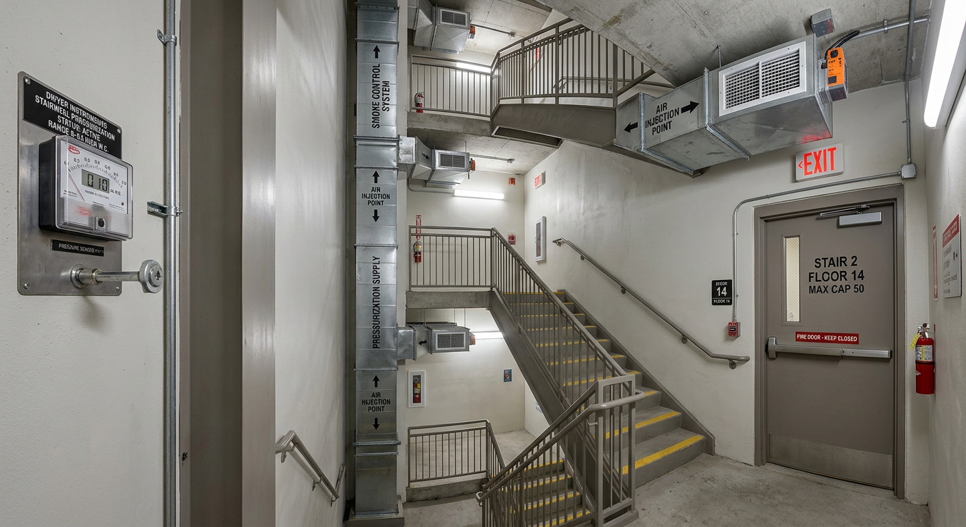High-rise stairwell with pressurization supply duct and pressure gauge